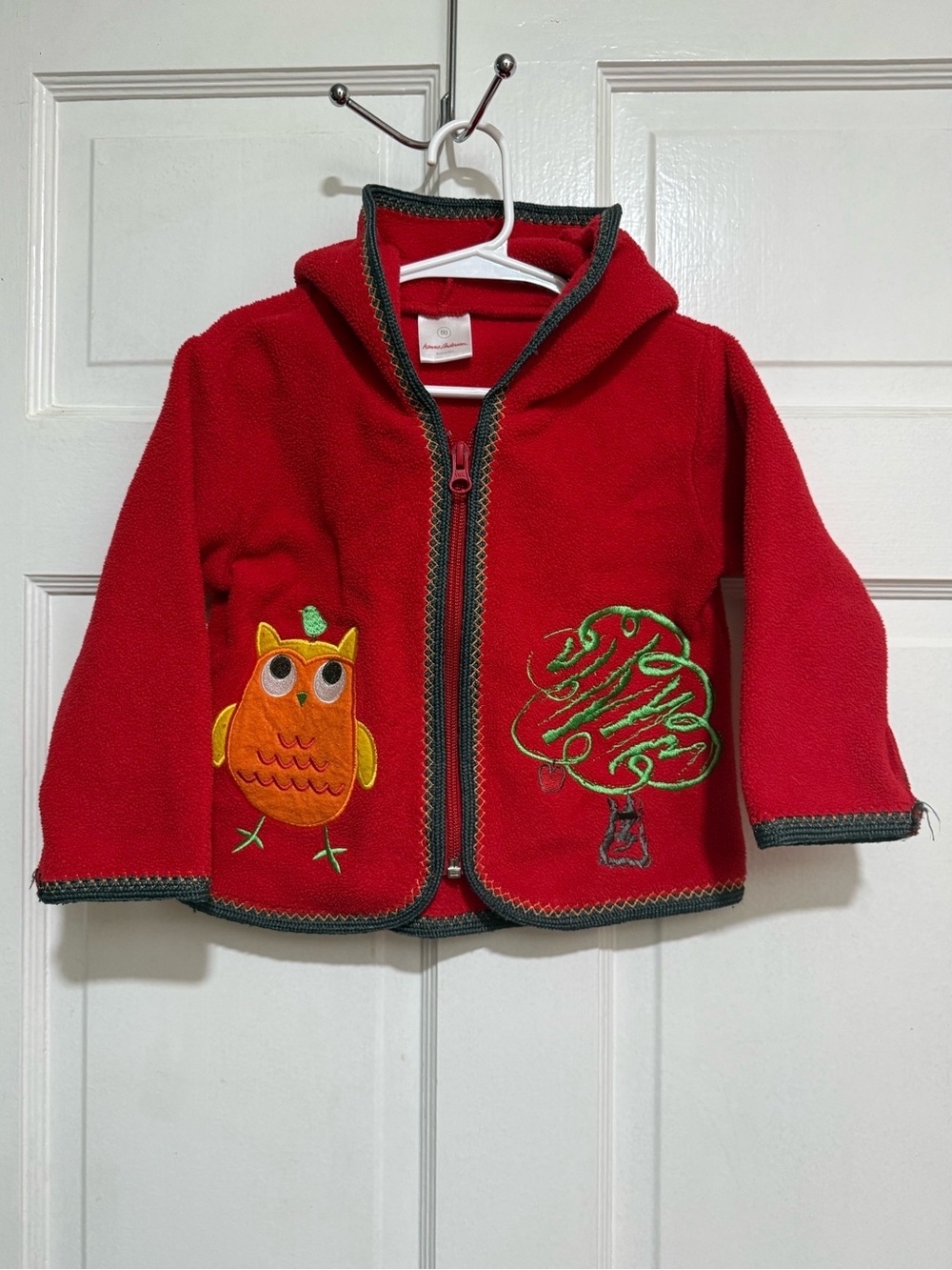 Hanna Andersson Kids Fleece Hooded Jacket Size 80/2 Owl Tree Red Long Sleeve